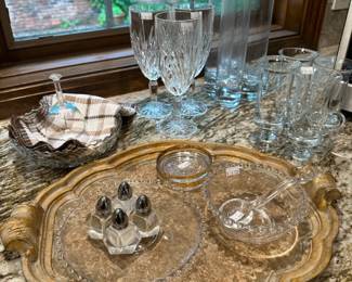 Salt & pepper shakers, crystal glasses, serving trays