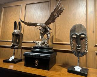 African Dogon Mask on Base ,African Kifwebe Mask on Base, Metal eagle sculpture  