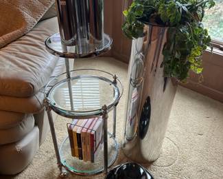 Chrome Plant Stand, Chrome Candlesticks, Urn , Chrome Tiered Bar Cart 