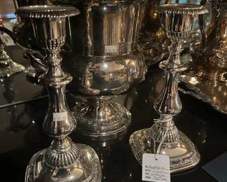 Reed & Barton Sulgrave candlesticks , Sheridan champagne bucket 