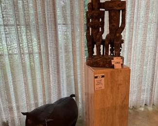 Abercrombie Leather Hippo Footstool , African Tribal Seated Couple Sculpture , Stone pedestal 