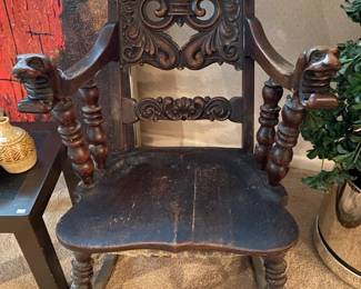 Carved Wood Gargoyle Rocking Chair