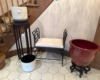 Mid Century Modern Planter , Oriental wooden hexagon plant stand , MCM planter, Hollywood Regency Faux Bamboo Bench 