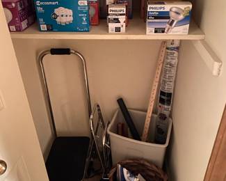 Light bulbs, iron, baskets, foot stool