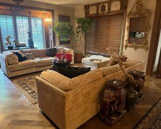Ceramic Elephant Plant Stand A , Ceramic Elephant Plant Stand B, Design Toscano Lord Raffles Lion Table, Vtg Modular Hudson's Sofa  A,  Baccarat 2013 Zodiac Snake A , Baccarat 2013 Zodiac Snake B, Val Saint Lambert Eagle, Chippendale Gilt Mirror  