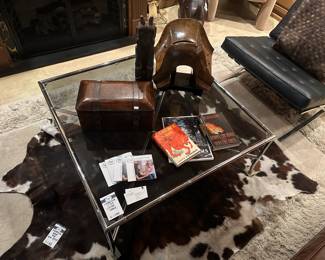 Vtg. Chrome faux bamboo coffee table, Leather strapped lidded box , Antique horse saddle