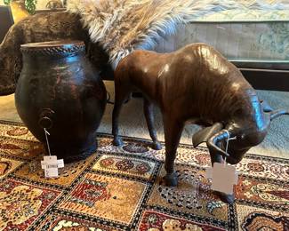 Leather Upholstered Bull Figure, Chinese Lacquered Double-Sided Drum 