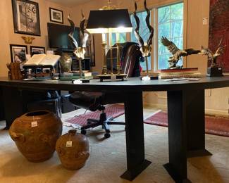 Vintage black modular desk, Vtg. Library Bouillotte lamp, Vtg. Hudson's Faux Kudu Horns B , Vtg. Hudson's Faux Kudu Horns A, Large Chinese Koi Pot , Small Chinese Koi Pot, Brass Turtle Shell on Stand, 1958 space travel guide, Vtg. Brass ashtrays, Rifkin National Bank of Detroit bank bag 