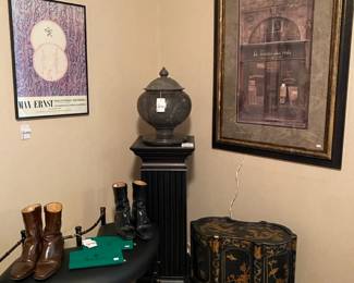 Max Ernst Framed Poster, Black Fluted Pedestal, Lidded Marble Urn, Max Ernst Framed Poster   