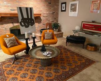 Cole Steel Orange Chair (A), Cole Steel Orange Chair (B), Moroccan Style Metal Tray Table, Vtg Thai carved wood sword
