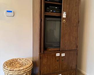 Rattan Basket, Wood Entertainment Console 