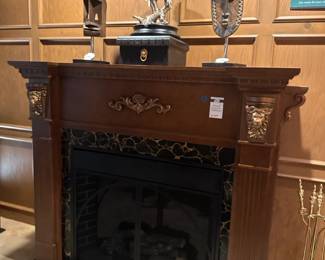 Ornate Electic Fireplace, African Dogon Mask on Base ,African Kifwebe Mask on Base