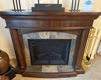 Stoneface Electric Fireplace, Brass Fireplace Tools 