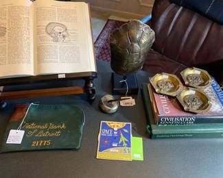 Brass Turtle Shell on Stand, 1958 space travel guide, Vtg. Brass ashtrays, Rifkin National Bank of Detroit bank bag 