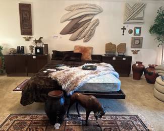 Leather Upholstered Bull Figure, Chinese Lacquered Double-Sided Drum, Donna Saylers Fabulous Furs Blanket , Queen Mattress , Queen Bed Frame, Milano Leather Lounge Chair, Faux Silk Ficus Tree, Carved Marble Bowl 