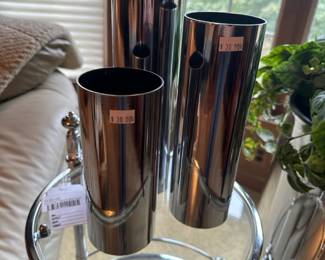 Chrome Tiered Bar Cart, Chrome Candlesticks,