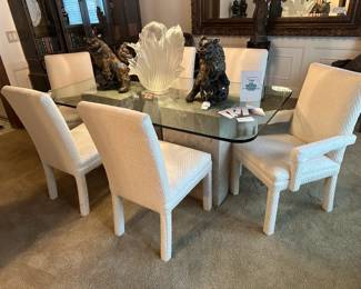 Double Stone Base Glass Top Table, Bronze Gilded Foo Dog Pair , 
