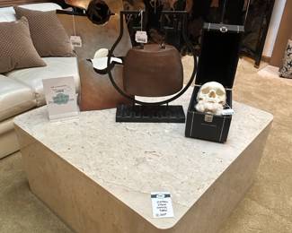 Vintage Stone Coffee Table, Authentic Human Skull, Tibetan Wooden Gong Bell,  Freeform Metal Sculpture 