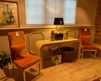 Thomasville furniture chrome base chairs, Stephen's Original Still Life, Waterfall console table, Brass Bouillotte Style Accent Lamp