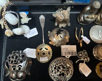 Vtg. Napier Brooch, Napier Eugene Bertolli Heraldic Brooch 1971 Lion Phoenix , United States Army Colonel coin, Vintage wishbone brooch with flower, Vintage shell bracelet, Vintage Metal Pope Trinket Rosary Pill Box , Vintage mod poodle brooch , Vintage cast metal Scottish terriers