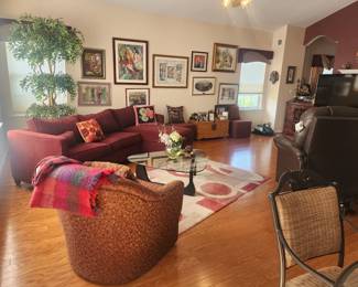 Burgundy Fabric (Denim Feel Sectional) $500  ,  Fabric Arm Chair $150, Carpet $150, Guitar Pick Glass Top Cocktail Table $175