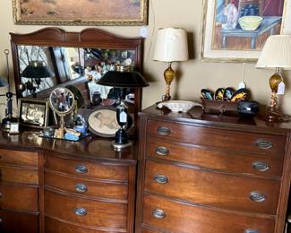 Antique mahogany dresser, mirror, matching chest of drawers.