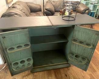 Awesome cocktail bar with expandable top opened up! Distressed green color is very unique!