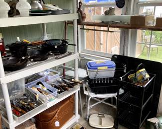 TONS of kitchen utensils, cast iron cookware, picnic basket, light fixtures, and even a shower chair and bed side potty!