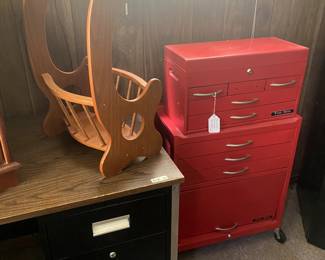 Great red metal tool chest on casters. Metal desk.