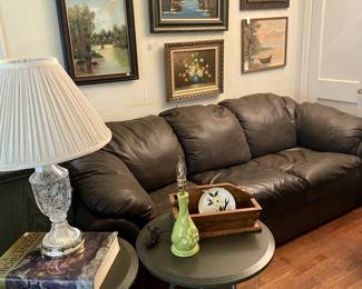 Modern side tables, “pleather” cushy sofa in very good condition!