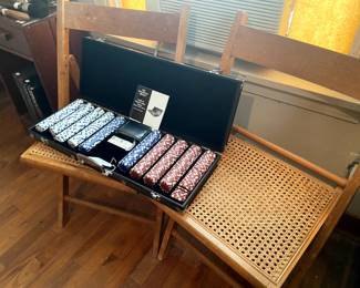 Brand new Sharper Image Poker set! Folding lattice cane chairs.