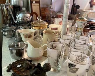 Etched, frosted vintage glasses, cool, old, coffee pots and percolators.