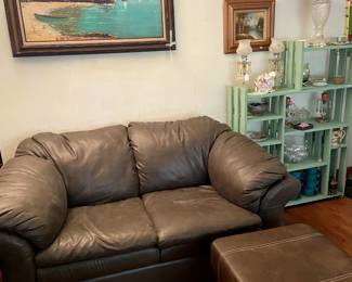 Matching “pleather” love seat. Very good condition. Great shelf painted in seafoam green!