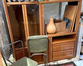 Cool oak entertainment unit, folding metal chairs.
