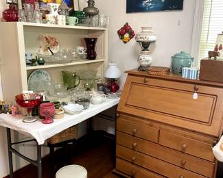Oak drop front secretary desk. MORE collectible glassware.