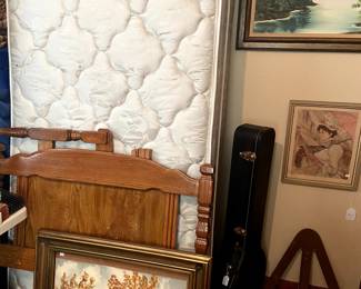 Twin Bed with mattress and box springs. A banjo case-like new! More paintings.