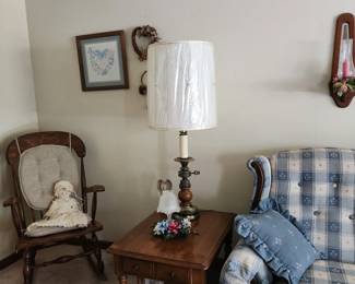 Rocking chair, end table, and lamp