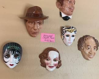 Ceramic glazed Hollywood mask, including, Clark, Gable, Humphrey, Bogart, Betty, Davis, and Larry from the Three Stooges