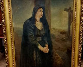 Much framed vintage and modern artwork-oils, prints and watercolors. Vintage oil "Mary Magdalene Seated Below the Cross"