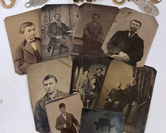 Tin types and brass railroad keys "U P" and "A T & SF"