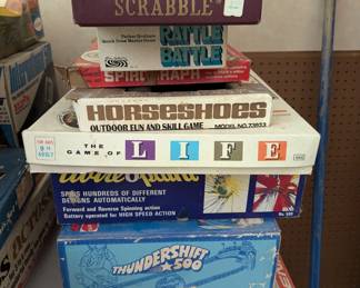 vintage 70's toys - scrabble, horseshoes, game of life
