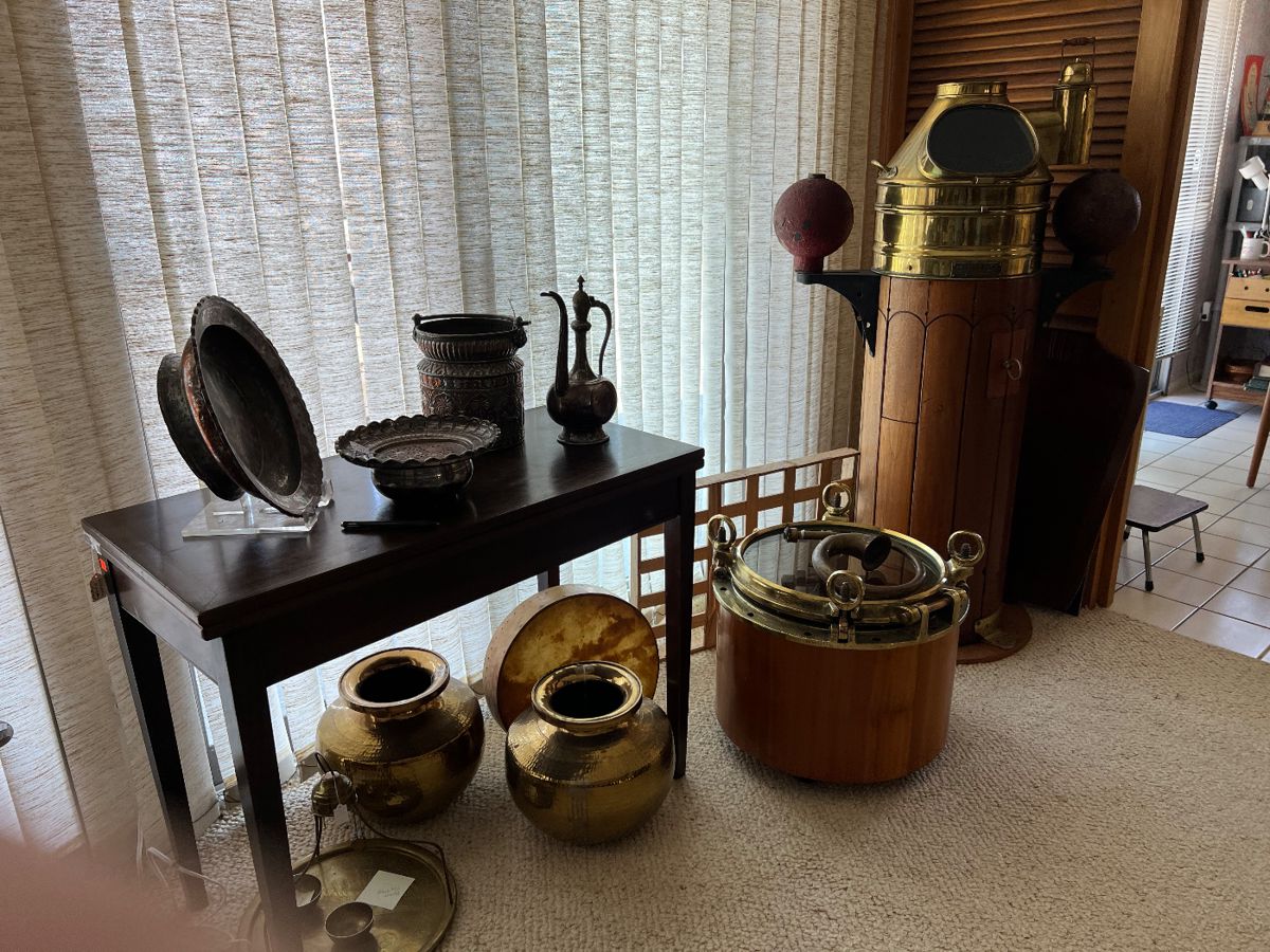 Nautical John Lilley & Gillie LTD compass & Port Hole teak table-collection of Antique Islamic Engraved tinned Copper....