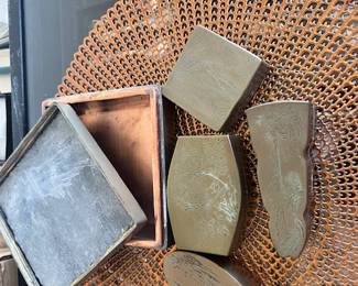 Antique Chinese Brass Ink Scribe Boxes with Stone/Copper