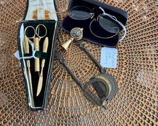 Antique sewing kit, Antique  Pinch Nez 10k glasses