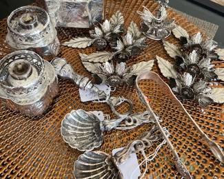 Sterling Silver Ice Holder, Spoons, three candle holders  and Italian Silverplate multiple Almond Festival Holders