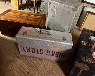 Small sample of the various vintage trunks, suitcases...including aluminum suitcases...