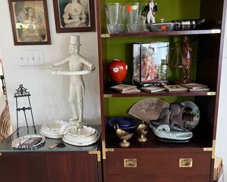 Vintage Umbrella Stand, vintage Japanese doll, vintage wood carving, vintage tiles, beautiful antique blue & white bowl that would be lovely for serving salads and /or pastas, good looking display cases...