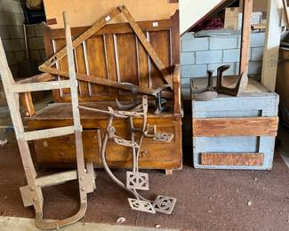 Antique Cobblers (shoes) Antique Train Luggage Trolley Pair of iron antique train steps and antique bench with a back