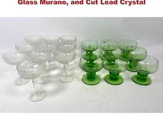 Lot 1712 lot glasses. 6 Hand Blown Green Glass Murano, and Cut Lead Crystal