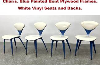 Lot 1574 Set 4 NORMAN CHERNER Plycraft Chairs. Blue Painted Bent Plywood Frames. White Vinyl Seats and Backs.